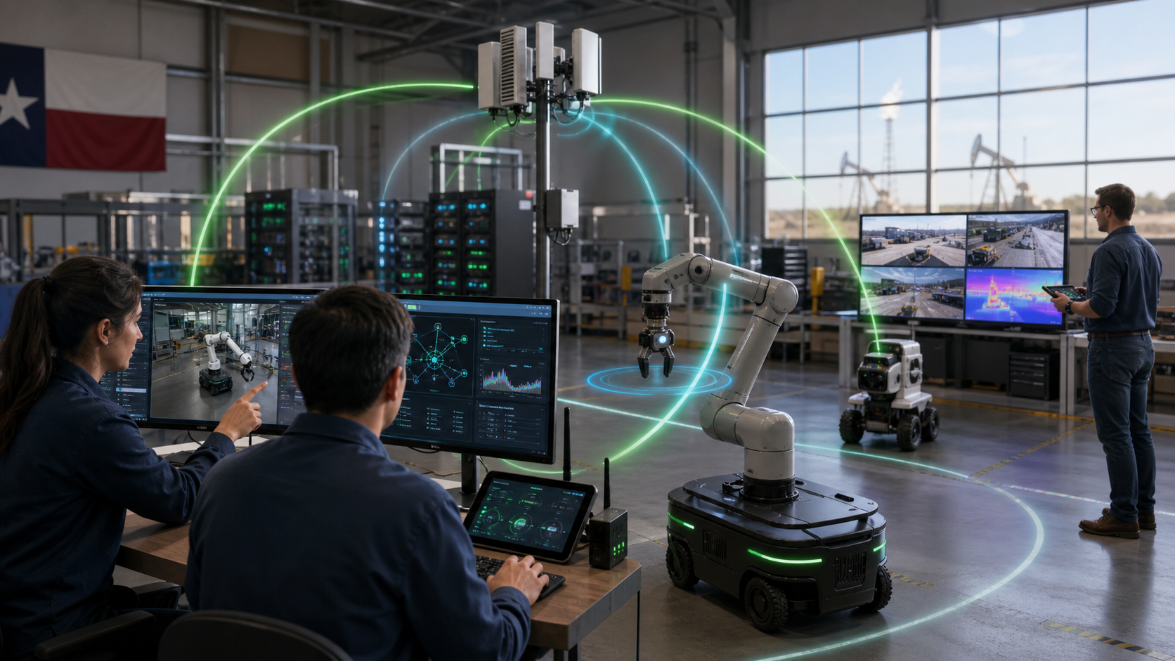 A robotics test lab with wireless signal arcs and real-time control panels