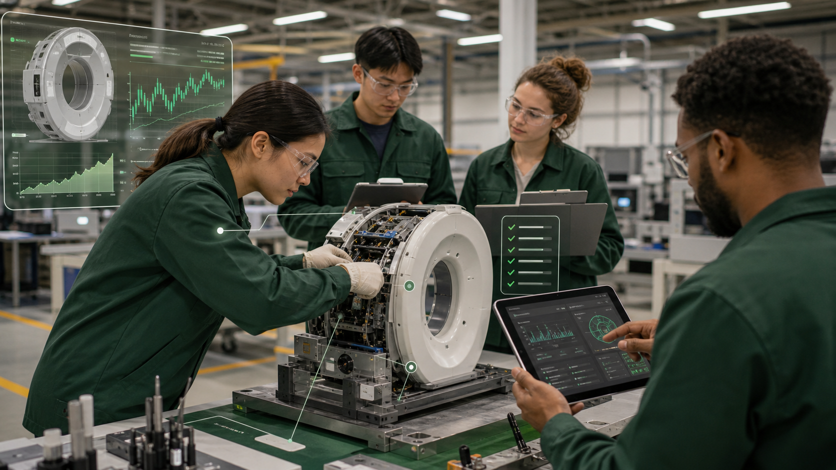 Manufacturing workers learning AI quality control beside a clean workbench