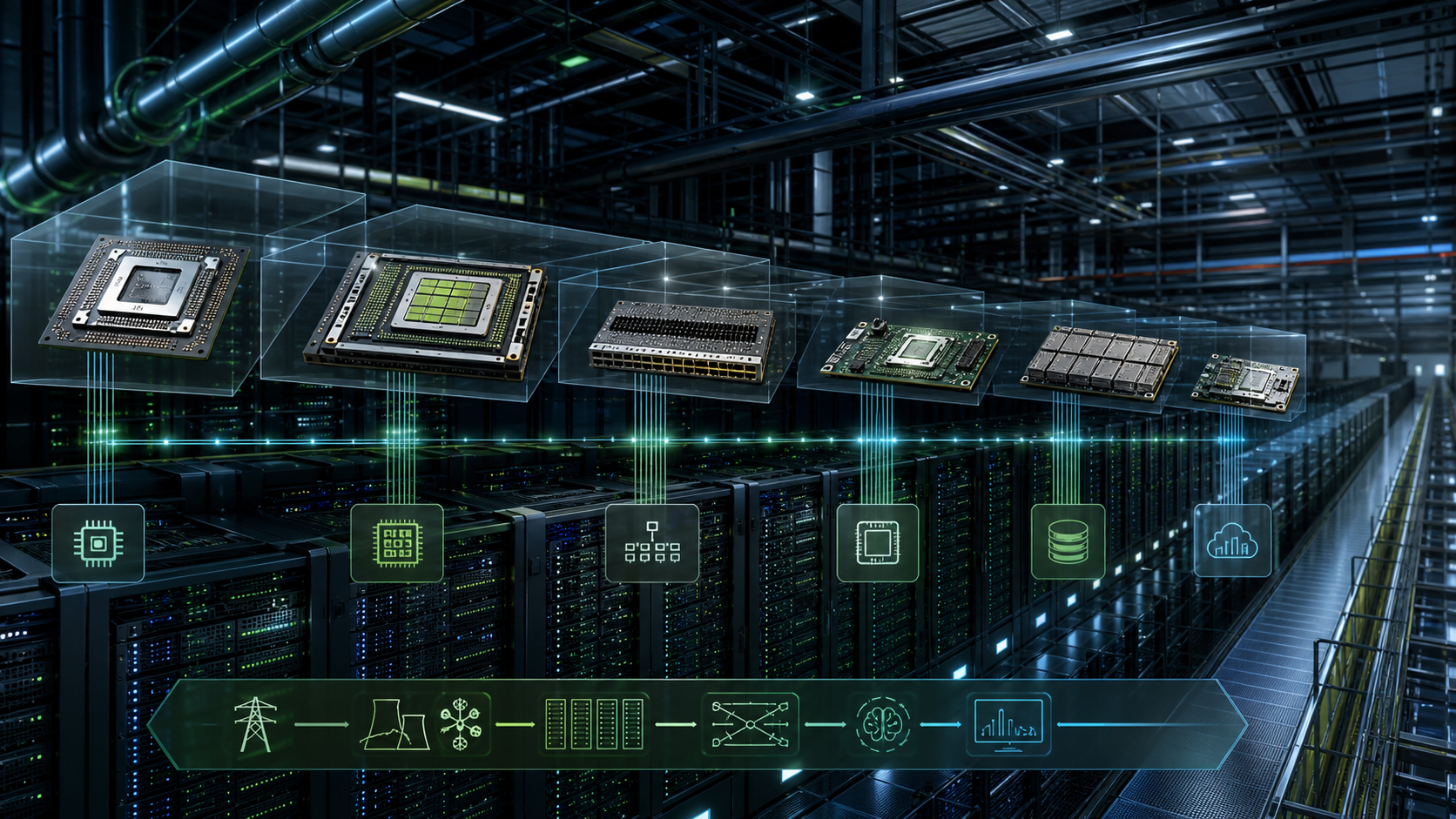 A data center aisle with transparent chip modules above the racks